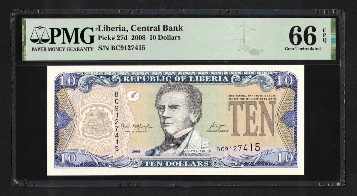 Liberia 2008 - $10 Dollars P#27d - Pmg Gem Unc 66 Epq