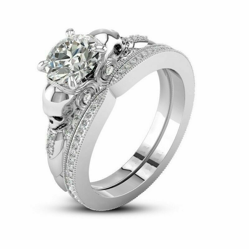 2.50ct Round Diamond Engagement Wedding Two Skull Ring Set 14k White Gold Size 9