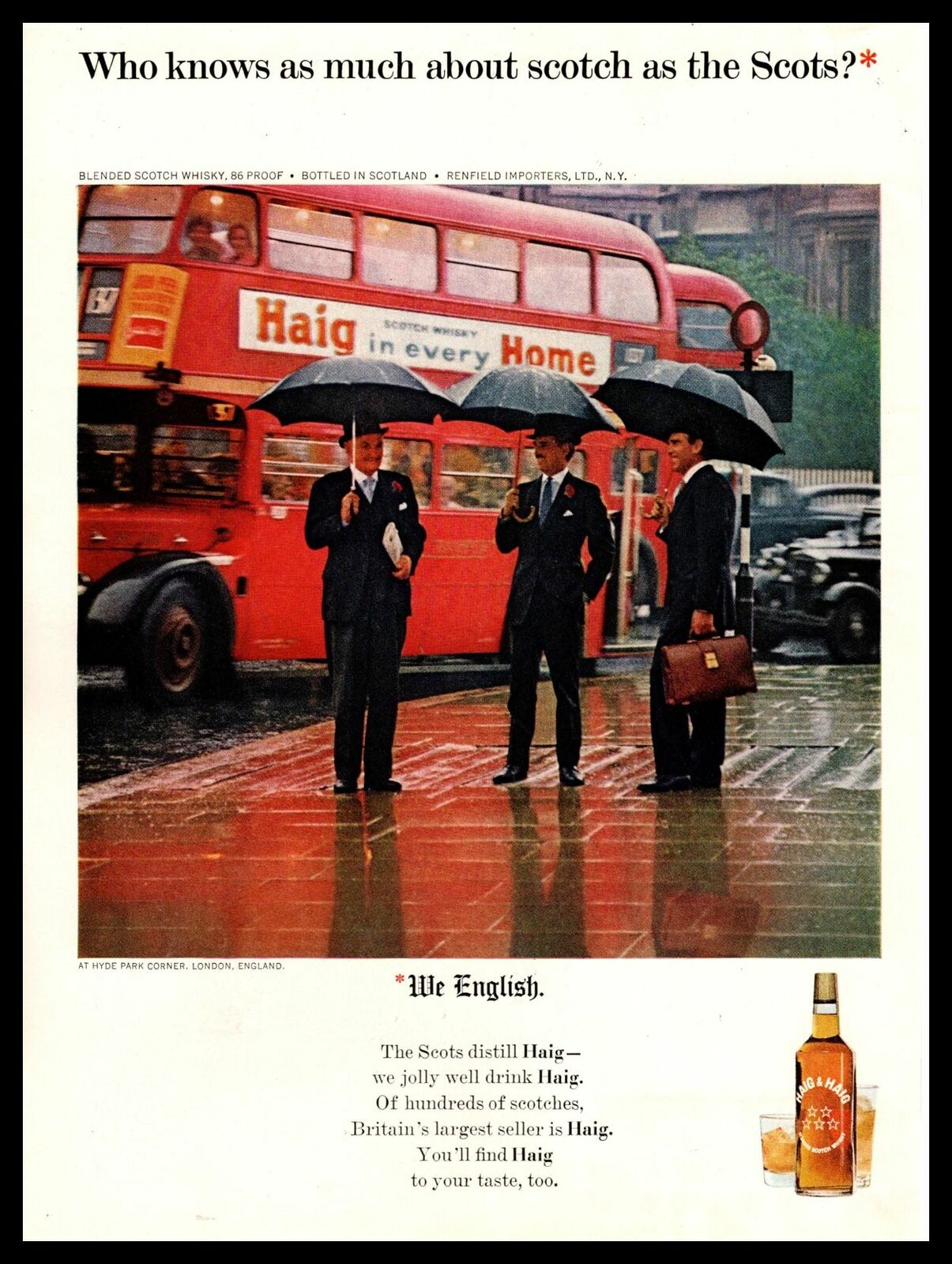 1965 Haig & Haig Scotch Hyde Park London England Double Decker Bus Rain Print Ad