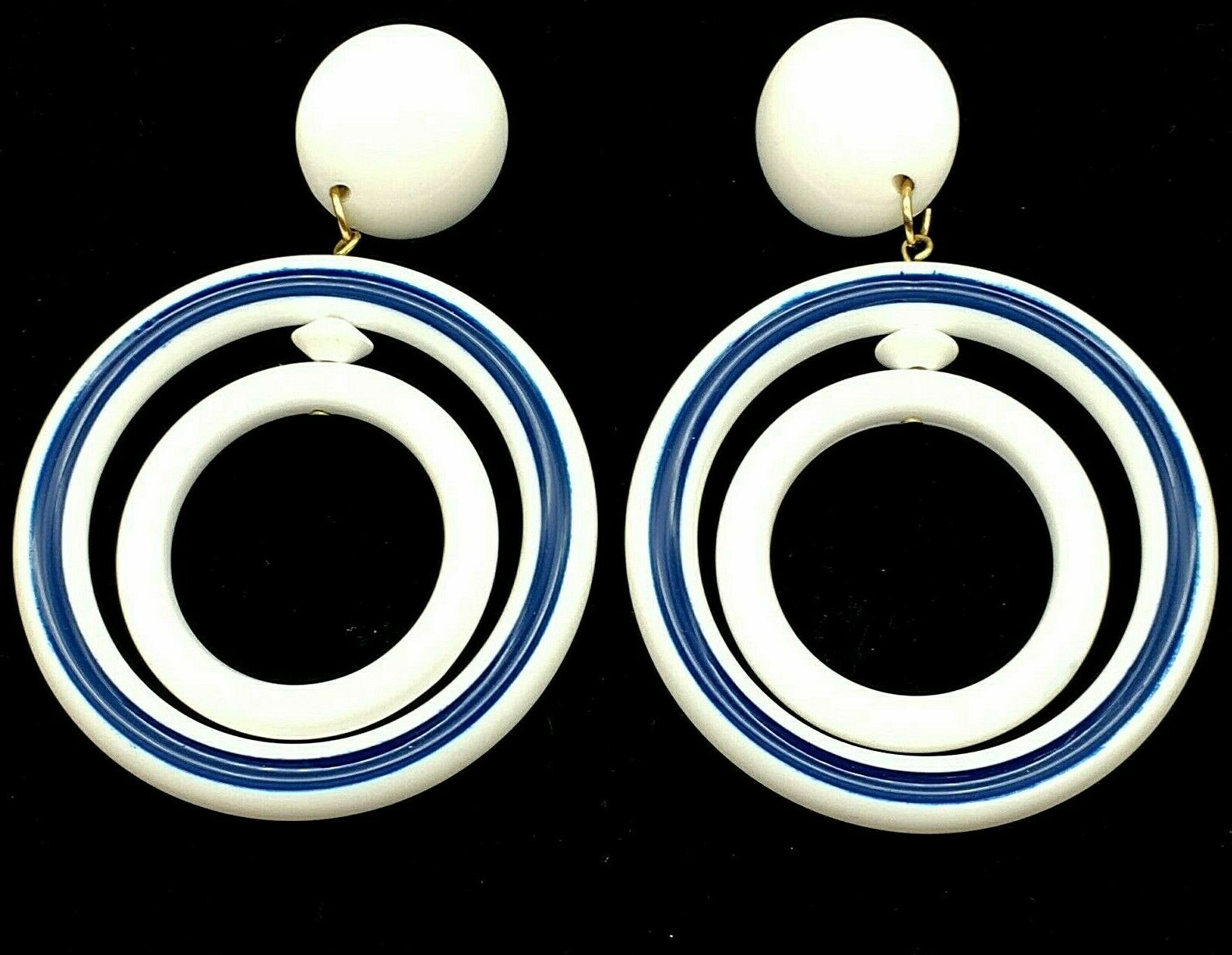 Made In Italy 1980's Blue & White Lucite Twin Circles Door Knocker Clip Earrings