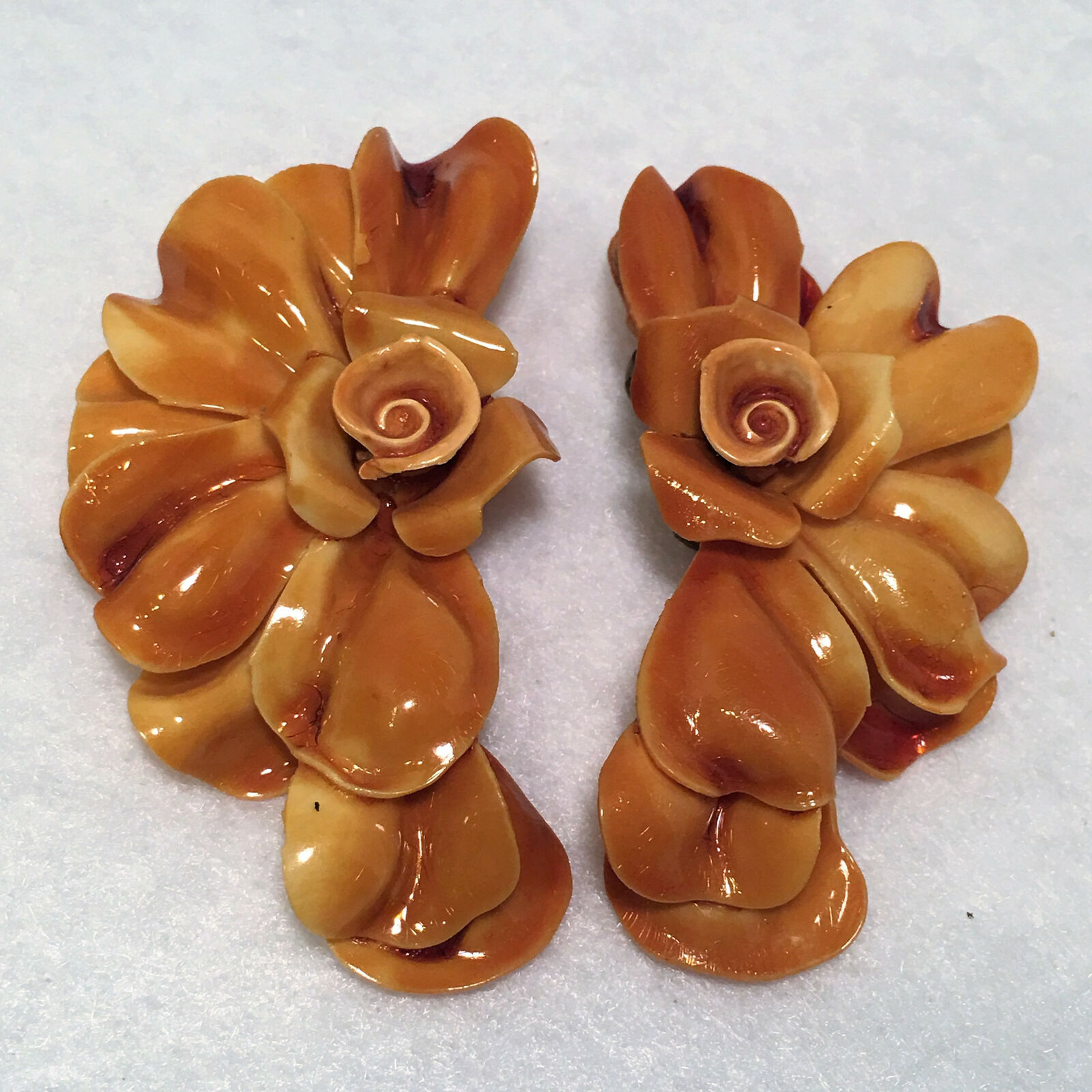 Vintage Early Plastic Large Over The Top Celluloid Layered Flower Clip Earrings!