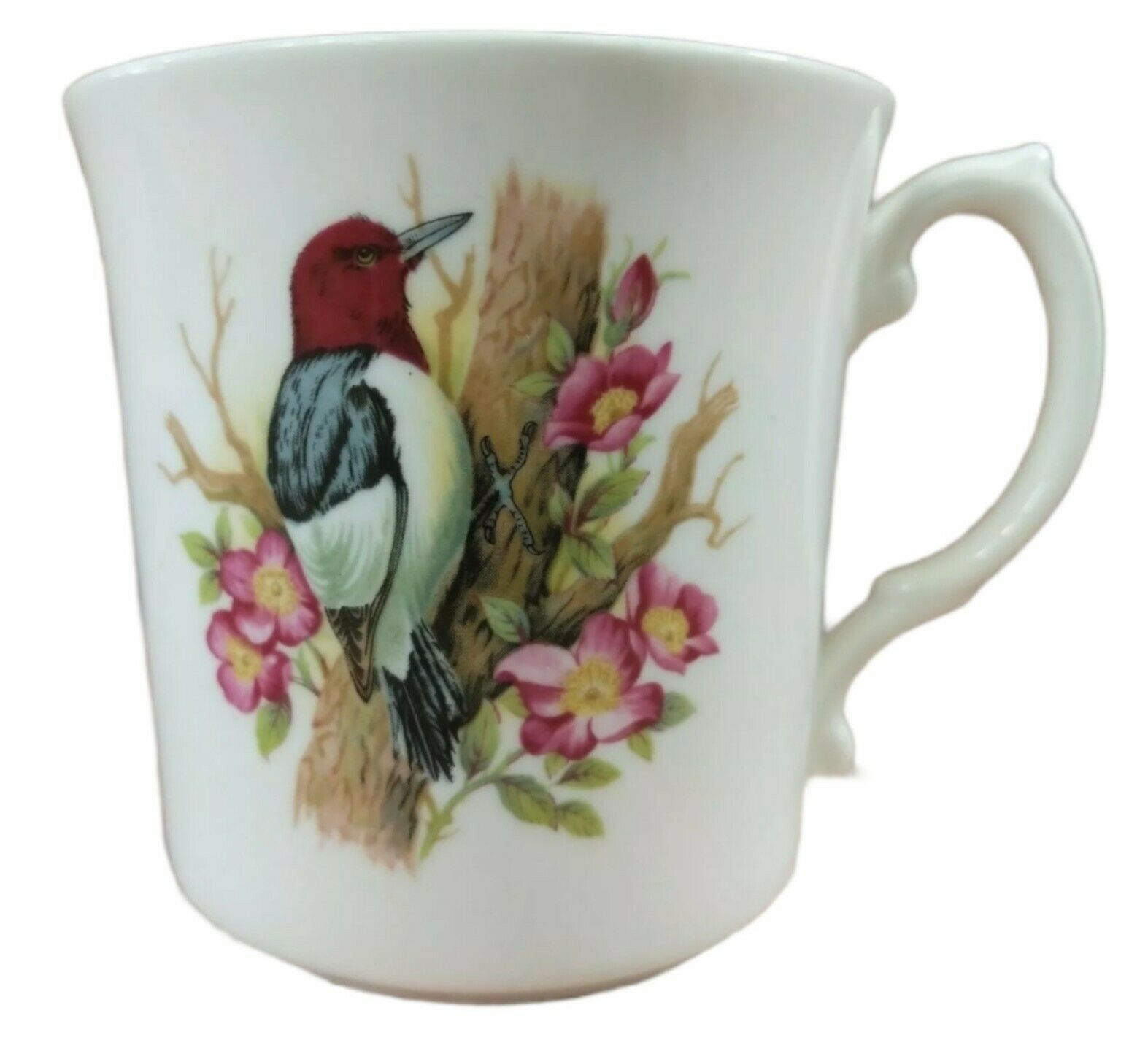 Marlborough Bone China Cup Mug Red Headed Woodpecker Bird White Pink Flowers