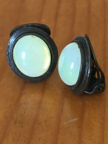 Vintage Moon Glow Cabochon Dark Metal Earrings Clip On