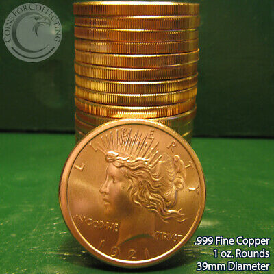 20 "1921 Peace Dollar" 1oz.999 Copper 20 Beautiful Rounds 1 Roll Tube Semi Gloss