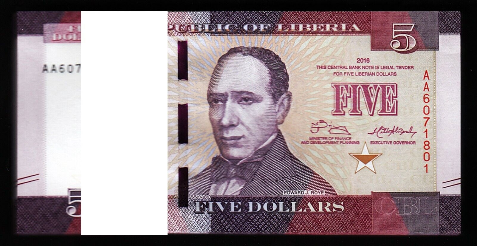 Liberia 5 Dollars 2016, Unc, Bundle, Pack 100 Pcs, Consecutive, P-31, Prefix Aa