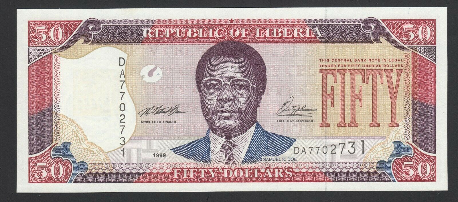 Liberia 50 Dollars  1999 Unc P. 24,  Banknote, Uncirculated