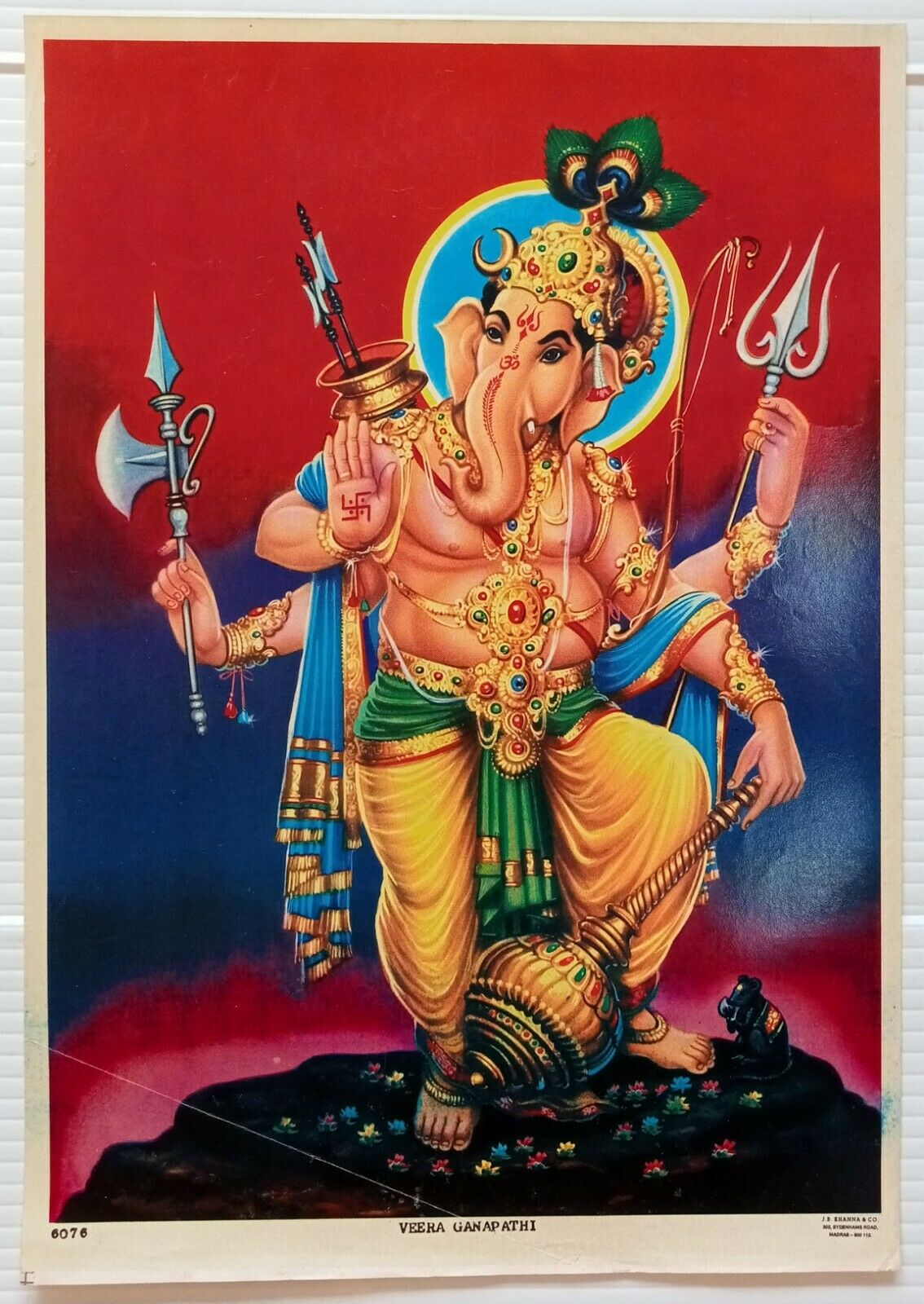 India Veera Ganapathi (ganpati) J. B. Khanna 9.25" X 13.25" Vintage Hindu Poster