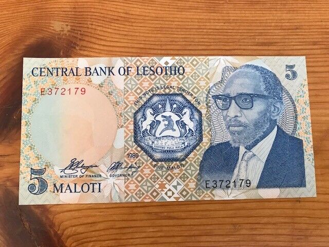 Uncirculated, Crisp, Lesotho 5 Maloti Bill, 1989, Postpaid In Usa