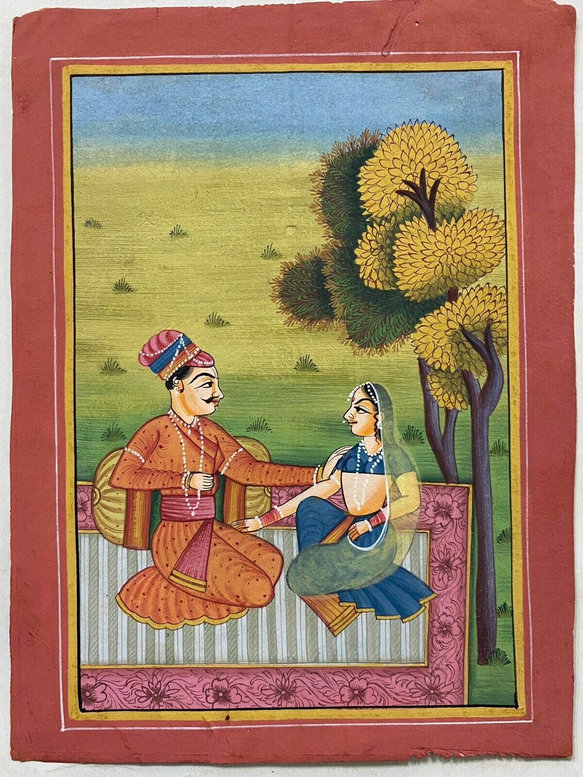 India Painting King And Queen Sitting In Garden  6.25in X 8.25in