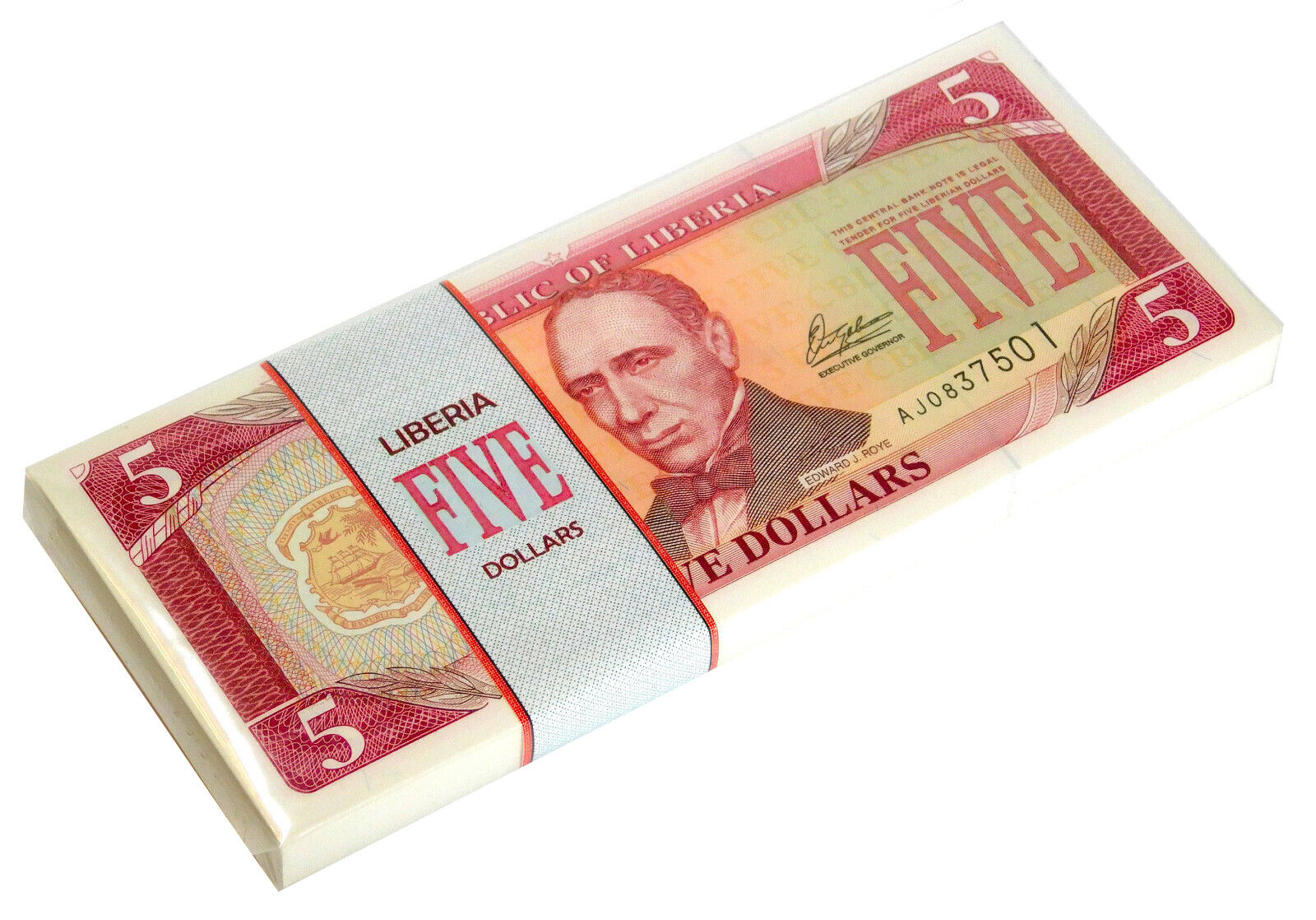 Liberia 5 Dollars 2003 P 26 Unc  Bundle Of 100 Notes (100 Pcs)